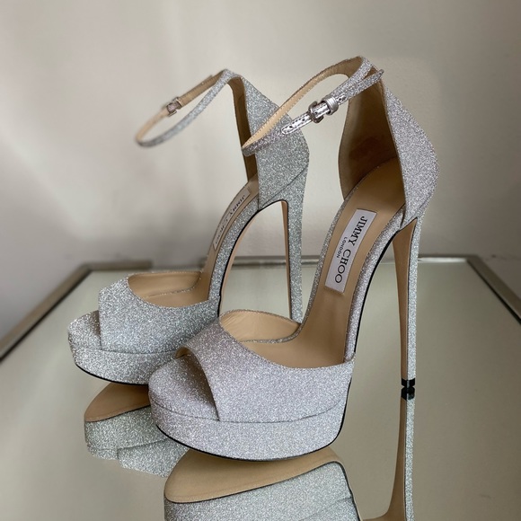 Jimmy Choo Max 150 Metallic Silver Glitter Fabric Platform Stiletto Sandals 39 - Picture 9 of 15